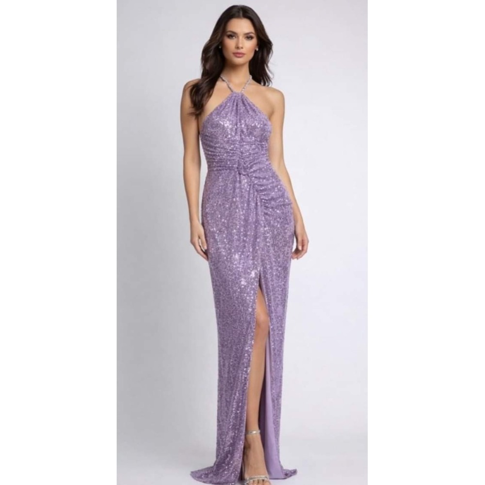 Ieena Mac Duggal Lilac Sequin Halter Gown Ruched Slit Formal Dress 14